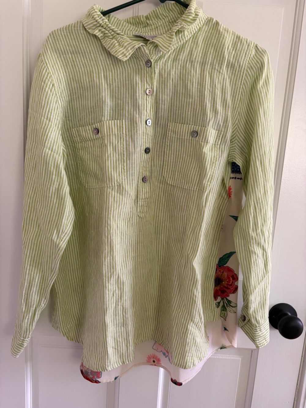 John Mark Light Green & White Striped Button-Up Shirt Medium. Floral back.